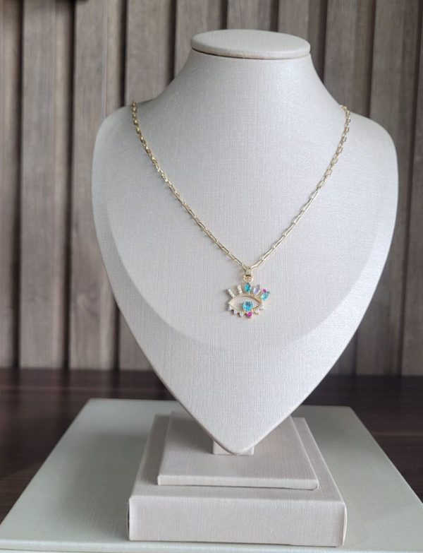 Colar Banhado a Ouro com Pingente de Olho Grego e Zircônias Coloridas